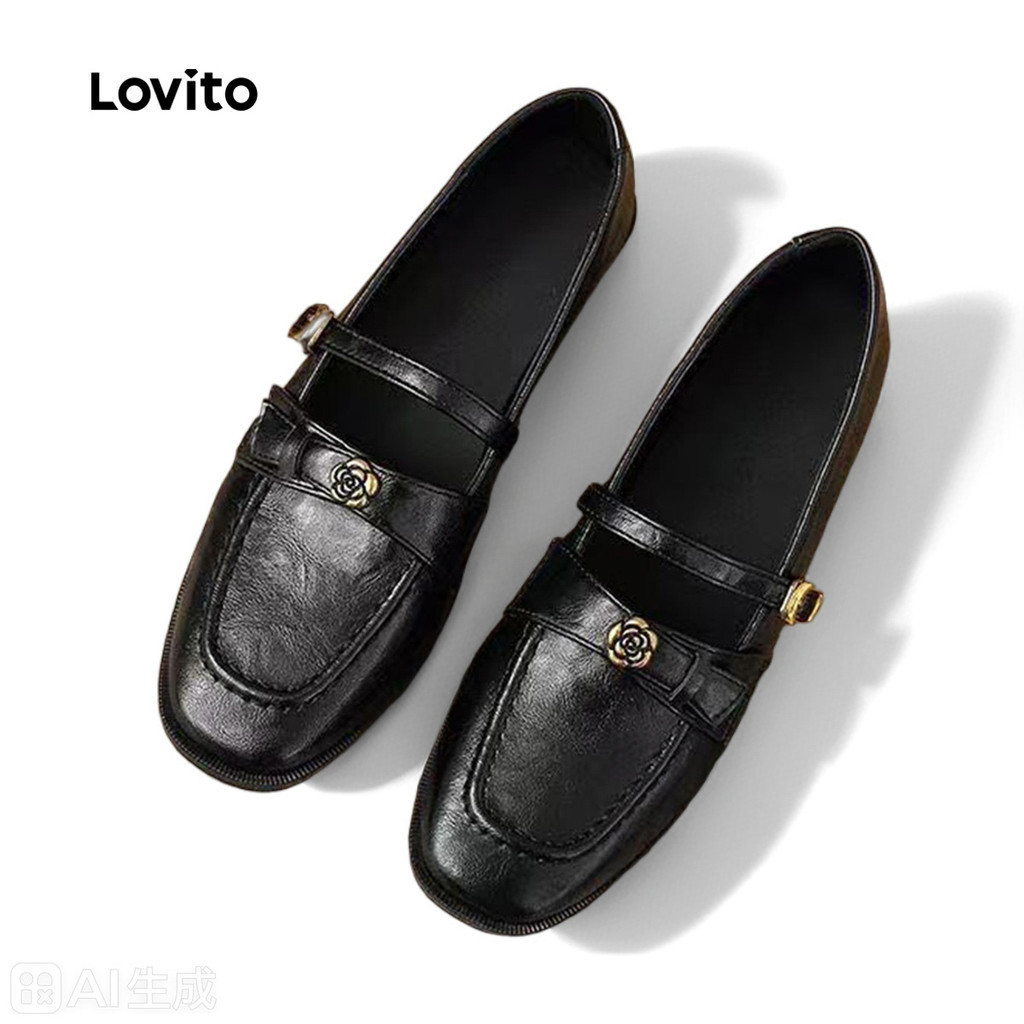 Lovito วินเทจรองเท้าหนังสีดําธรรมดาย้อนยุคสไตล์อังกฤษตรงสายรัด รองเท้าไม่มีส้น พายเรือ รองเท้าสําหรับผู้หญิง LFA81007