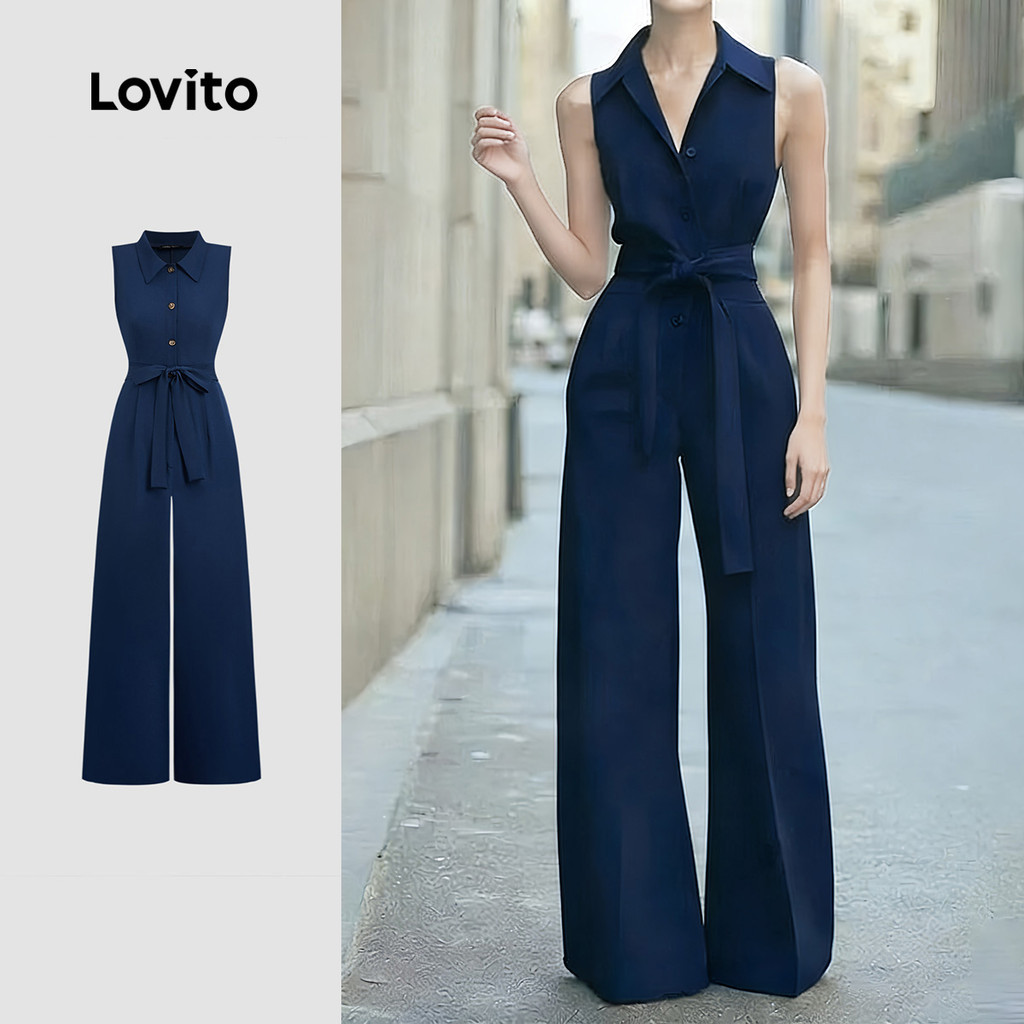 Lovito จั๊มพ์สูทสีน้ําตาลผูกโบว์ด้านหลัง ทรงสุภาพ สําหรับผู้หญิง เหมาะสําหรับฤดูใบไม้ผลิและฤดูร้อน L184ED841