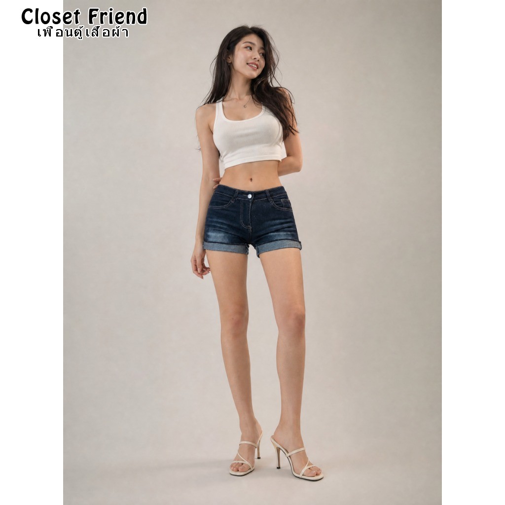 Fast shipping! Women's Y2K Denim Shorts Low Rise Slim Fit Elastic Butt Lift Cuffed Hem Vintage Wash 