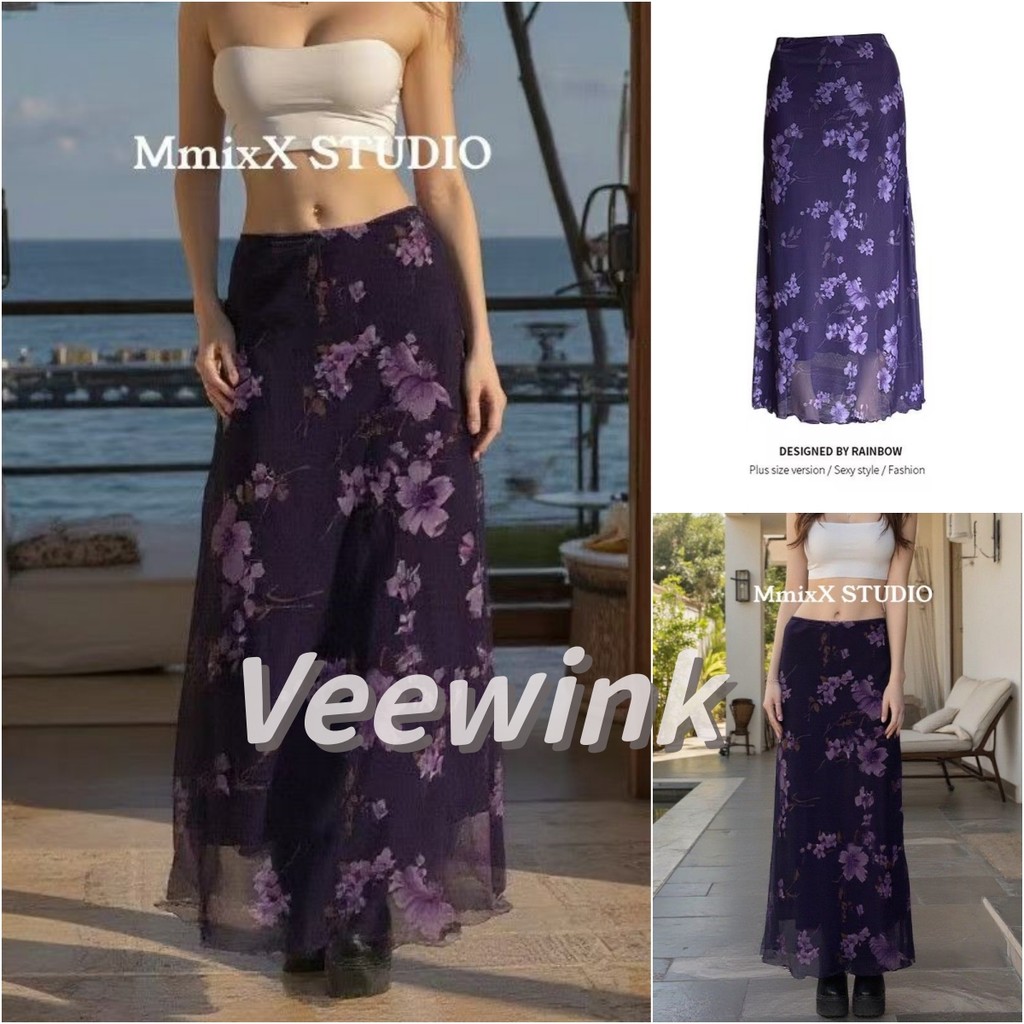 Veewink กระโปรงตาข่ายหางปลา สีม่วง ลายพิมพ์พืชวินเทจ เอวต่ำ เนื้อบางเบาทรงหลวม เซ็กซี่ ลดน้ำหนัก