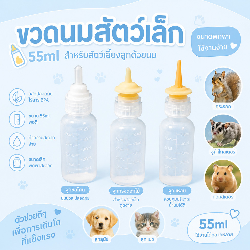 Bunny.indy ขวดป้อนนมสัตว์เล็ก 55 ml ขวดนมแกะสลักสเกลตวง จุกนมตัดเองได้ สำหรับชูการ์/กระรอก/แฮมสเตอร์