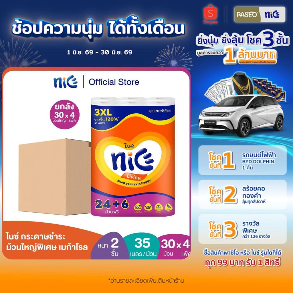 (ยกลัง 4 แพ็ค) Nice ไนซ์ เมก้าโรล กระดาษชำระ ม้วนใหญ่พิเศษ ขนาด 24+6 ม้วน (35ม./ม้วน) (ทิชชู่ กระดาษทิชชู่) x 4