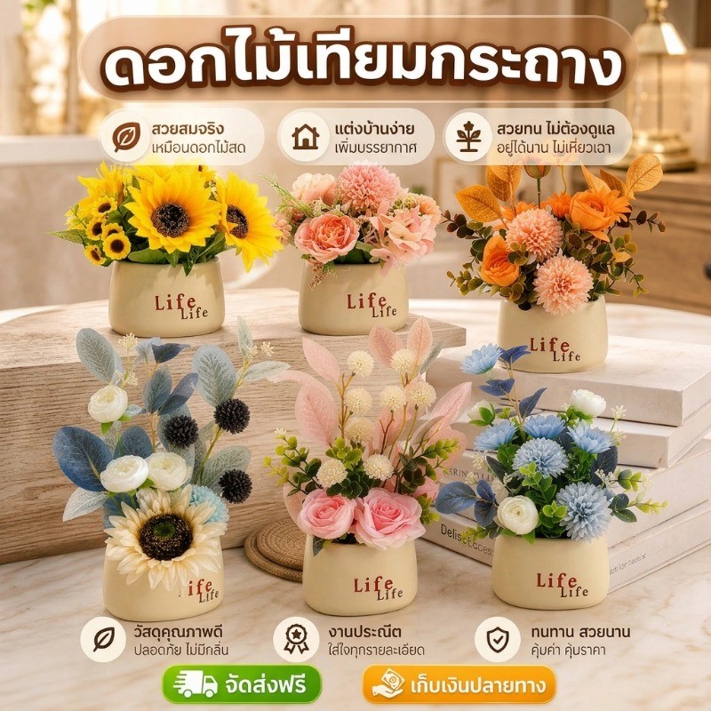COD ดอกไม้ประดิษฐ์ บอนไซ ดอกไม้ปลอม ดอกทานตะวัน ดอกเบญจมาศ พร้อพถ่ายรูป ตกแต่งบ้าน ดอกไม้จำลอง