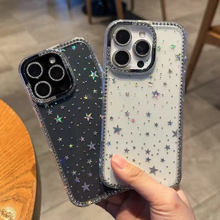 สำหรับ iPhone 14 13 12 17 15 16 11 Pro Max 14 15 16 Plus เคสมือถือลายดาวเต็ม กลิตเตอร์ ขอบประดับคริสตัล