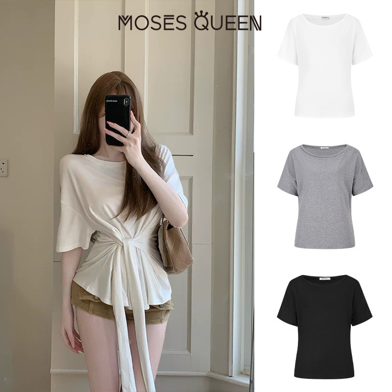 MOSESQUEEN มอสส์ ราชินี เซ็กซี่สีทึบที่ไม่มีสายหนังแขนสั้นเสื้อยืด ฤดูร้อนใหม่หลวมแนวโน้มท็อปส์สาวเซ็กซี่สวมใส่ #63004