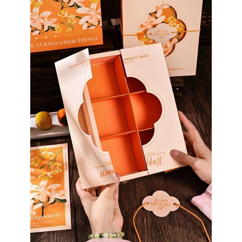 月饼高档手提礼盒packing Box2026创意中秋节月饼包装盒礼盒6粒蛋黄酥手提空盒子礼品清新橙色M26.6.3