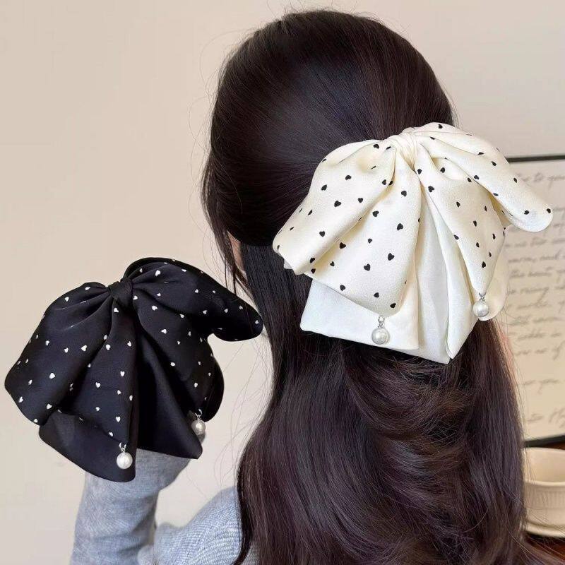 แฟชั่นหัวใจ Polka-Dot หางม้าคลิป Simple Bow Pearl Dangling Hair Clamp เครื่องประดับผมสําหรับสาว