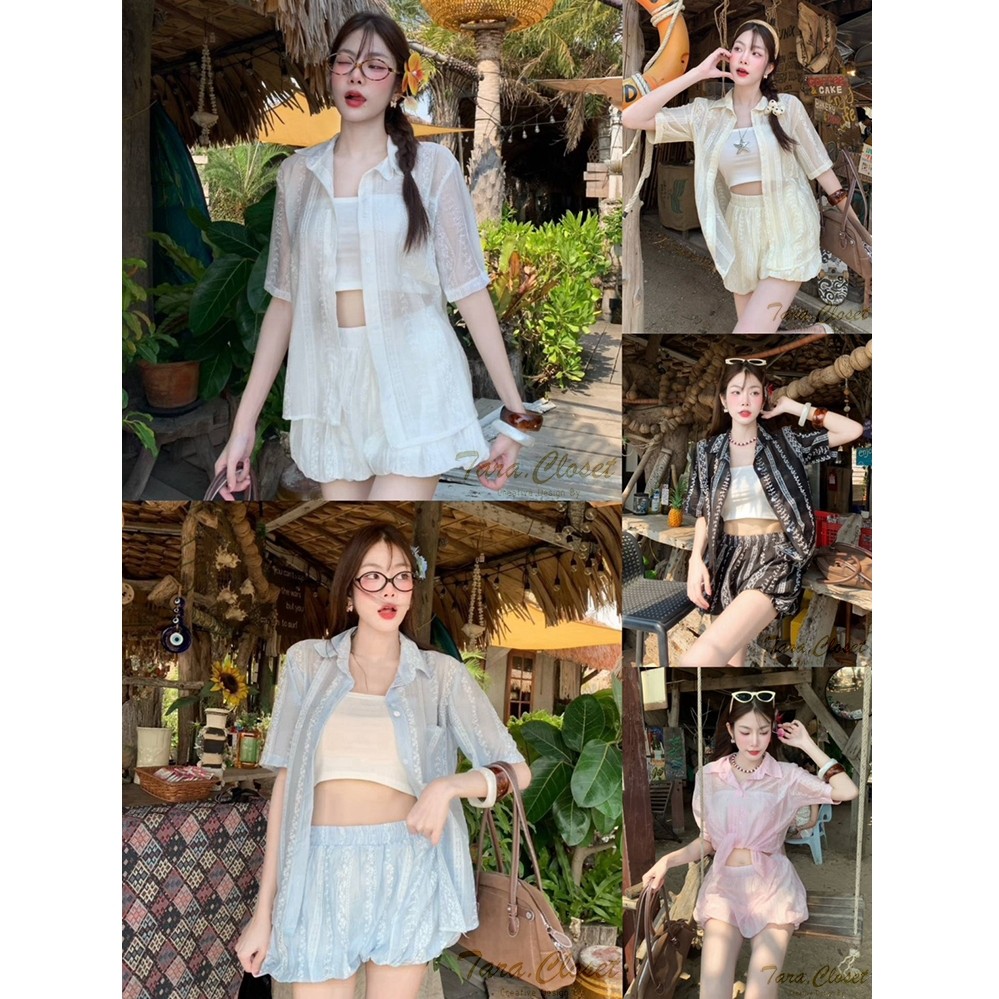 BA118 TARA SET 3 ชิ้น เสื้อเชิ้ต กระดุมหน้า + เกาะอก + กางเกงทรงบอลลูน เอวยางยืด เนื้อผ้าฝ้ายชีฟอง ทอลาย