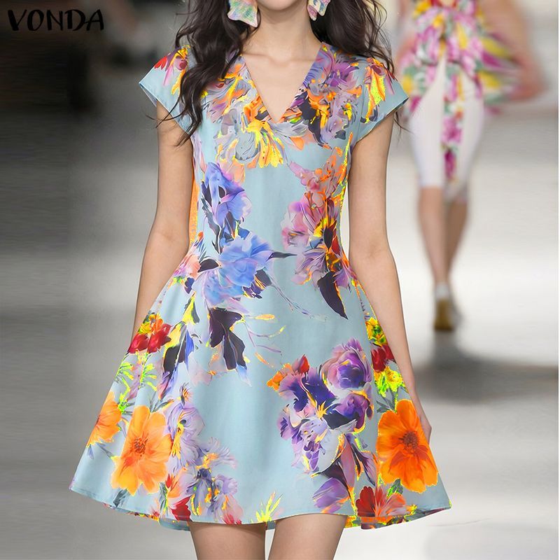 VONDA ผู้หญิงเกาหลี Elegant โรแมนติกปาร์ตี้ V คอ Fly Sleeve พิมพ์ลายดอกไม้ Flare A-Line Dresses — صورة 5