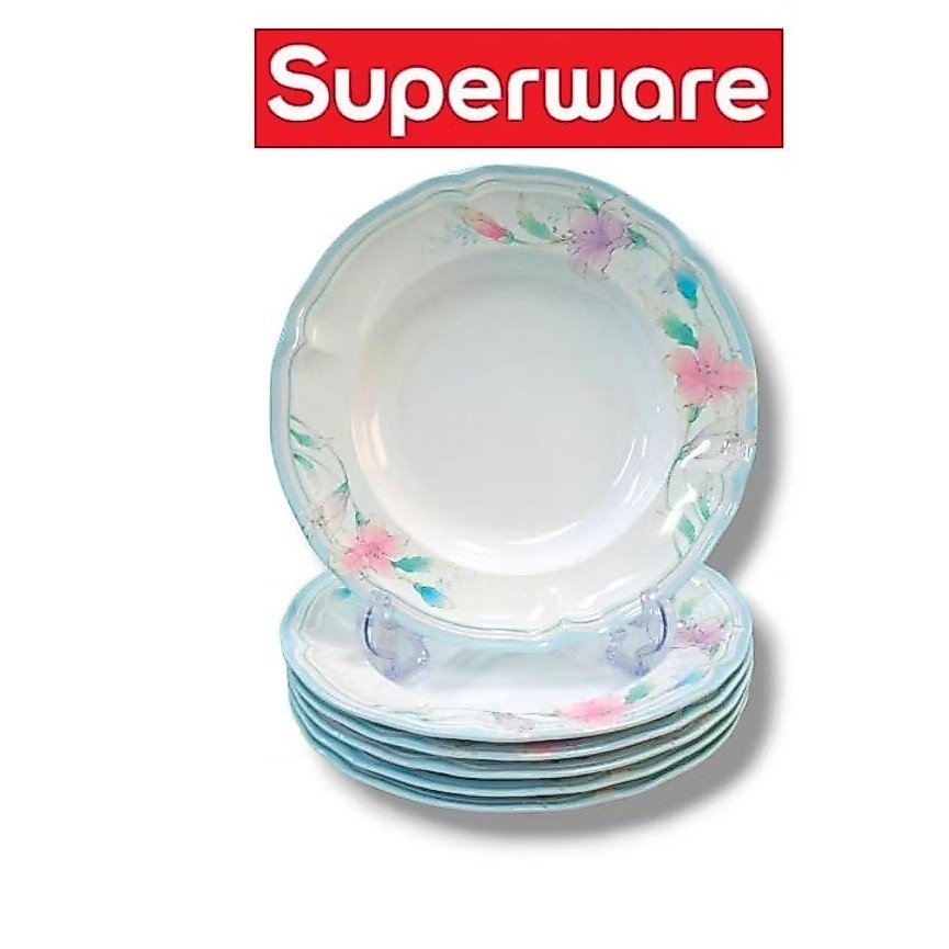 ชุดจานทรงลึก 8 นิ้ว 6 ใบ ลายลิลลี่ จานข้าว ซุปเปอร์แวร์ Superware แท้ ตรานกเพนกวิน เกรดเอ แพคกล่อง