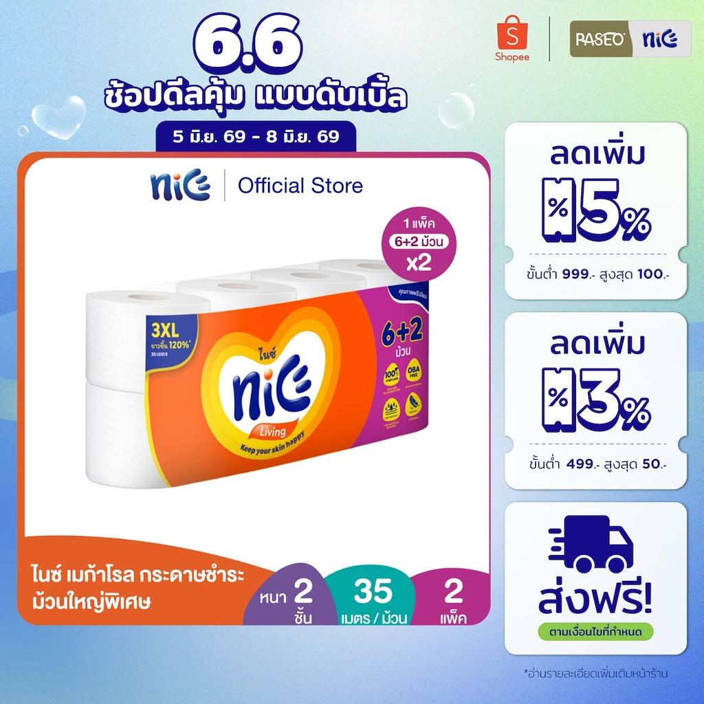 (2 แพ็ค 16 ม้วน) Nice ไนซ์ เมก้าโรล กระดาษชำระ ม้วนใหญ่พิเศษ แพ็ค 6+2 ม้วน (35ม./ม้วน) (ทิชชู่ กระดาษทิชชู่) x 2