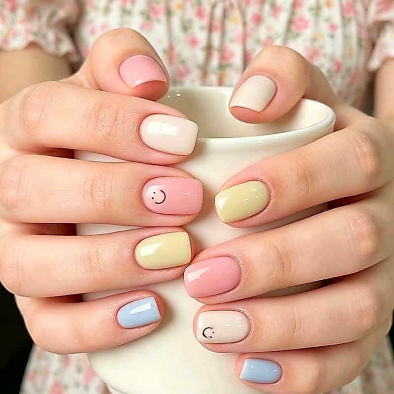 ชุดเล็บปลอม 10 ชิ้น [Springtime Sweet Smile] ในโทนสีชมพูมาการอง, เหลือง, น้ำเงิน และขาว พร้อมลายหน้ายิ้มเรียบง่าย, สติกเกอร์ตกแต่งเล็บแบบถอดได้, มาพร้อมกาวในตัว