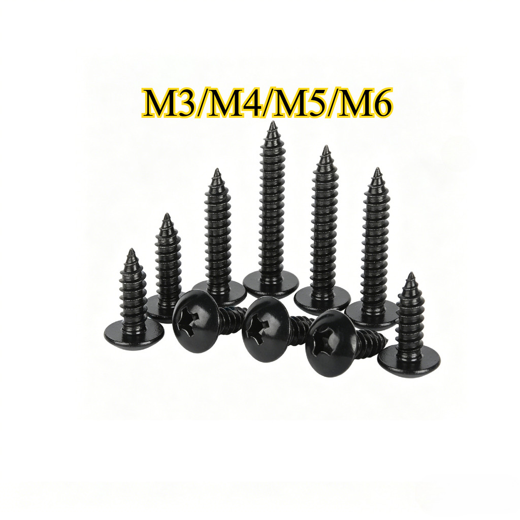 สกรู หัวแบนใหญ่ หัวแฉก เกลียวปล่อย M3-M6 สีดำ สแตนเลส 304 แข็งแรง กันสนิม (5-100pcs) [SISHENG01]