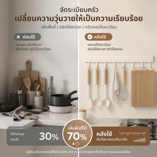 ราวแขวนหลายหน้าที่ อลูมิเนียมกันสนิม ติดเทปไม่เจาะผนัง ตะขอปรับเลื่อนได้ ใช้ครัว ห้องน้ำ โซนประตูบ้านแขวนกุญแจ