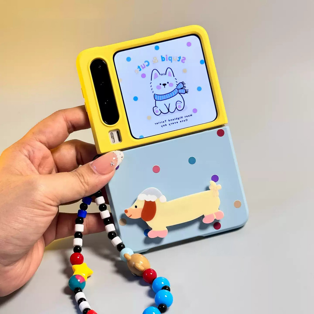 น่ารักสีสันลายจุดรูปแบบลูกสุนัข Brackrt หมีโซ่สําหรับ Samsung Galaxy Z Flip8 7 6 5 สําหรับ HuaWei Pura X ปกหลัง