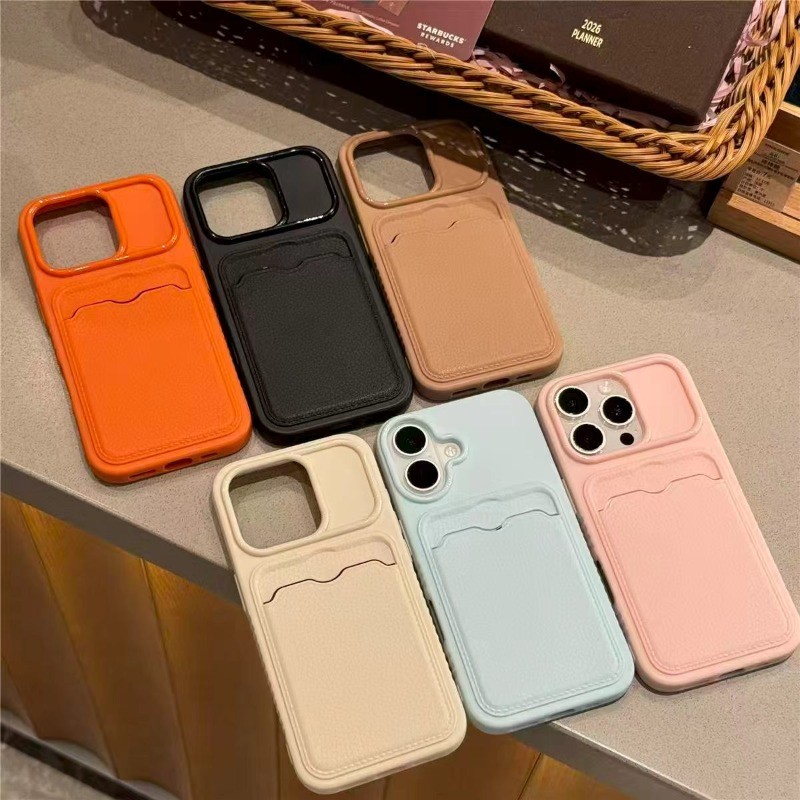 สีทึบ TPU หนัง PU เคสโทรศัพท์พร้อมช่องใส่การ์ดกันกระแทกฝาครอบป้องกันสําหรับ IPhone 11 12 13 14 15 16 17 Pro Max