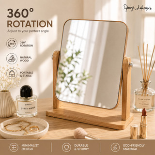 Wooden Mirror 360 Degree Portable Adjustable Table Desk Mirror Stand Bathroom Living Room