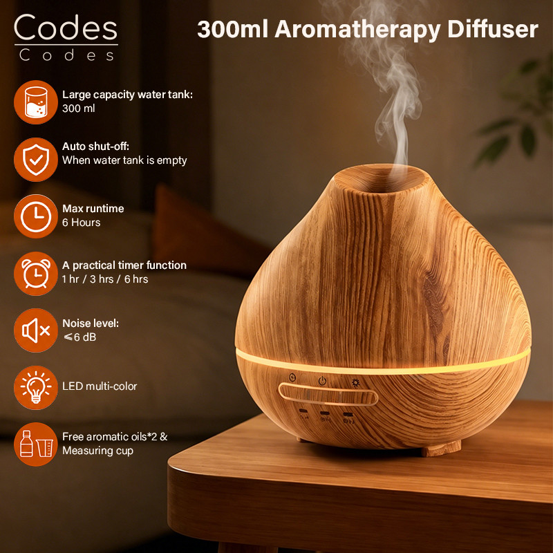 CODES 300ml ไม้ Grain Essential Oil Diffuser Humidifier เครื่องฟอกอากาศ Aromatherapy Unit สําหรับ Home Office ในร่มพื้นที่ใช้