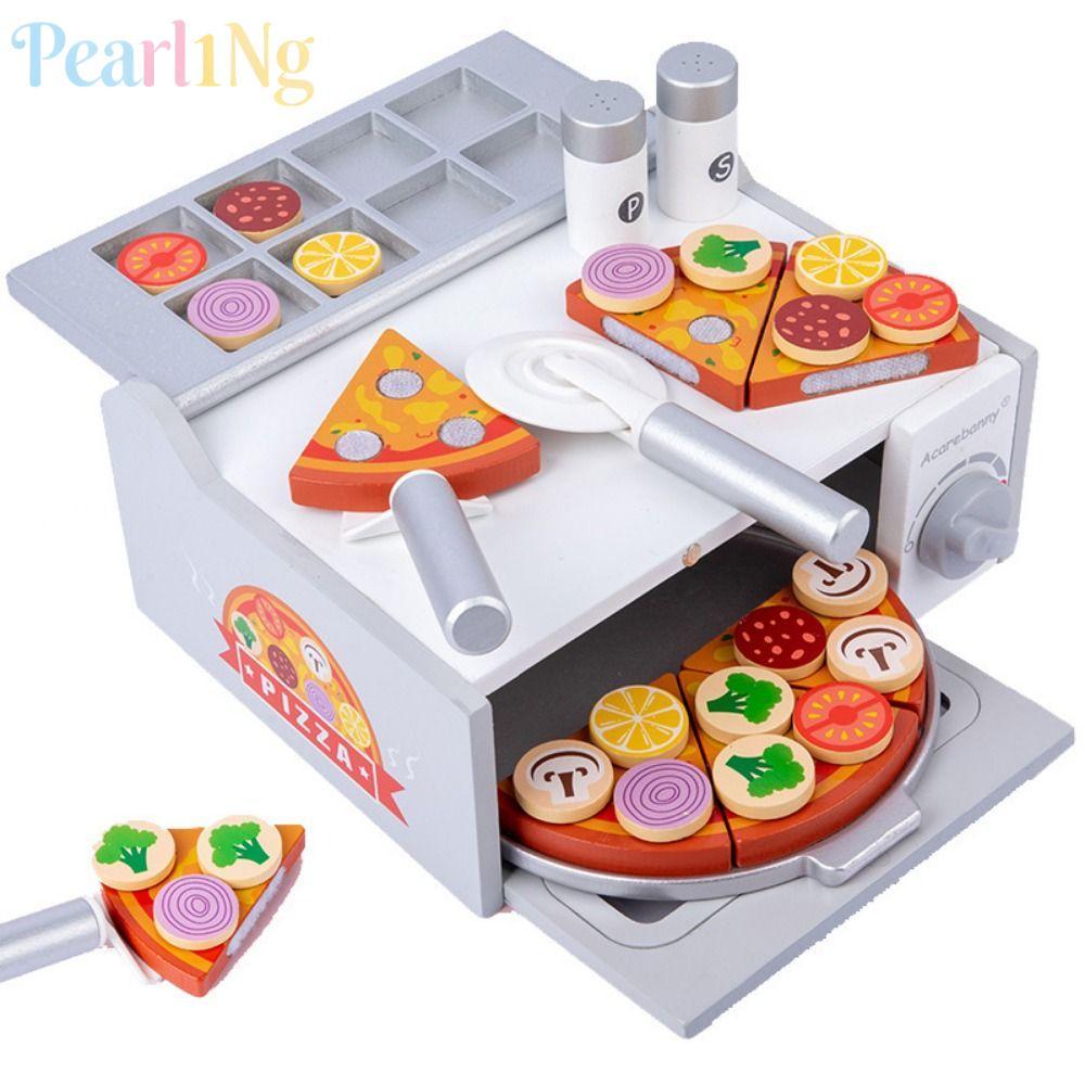 PEARLTH Montessori ของเล่นไม้, บ้านไม้จําลองพิซซ่าเตาอบของเล่น, ตลก DIY หลากสีการ์ตูนพิซซ่าของครัวเล่น