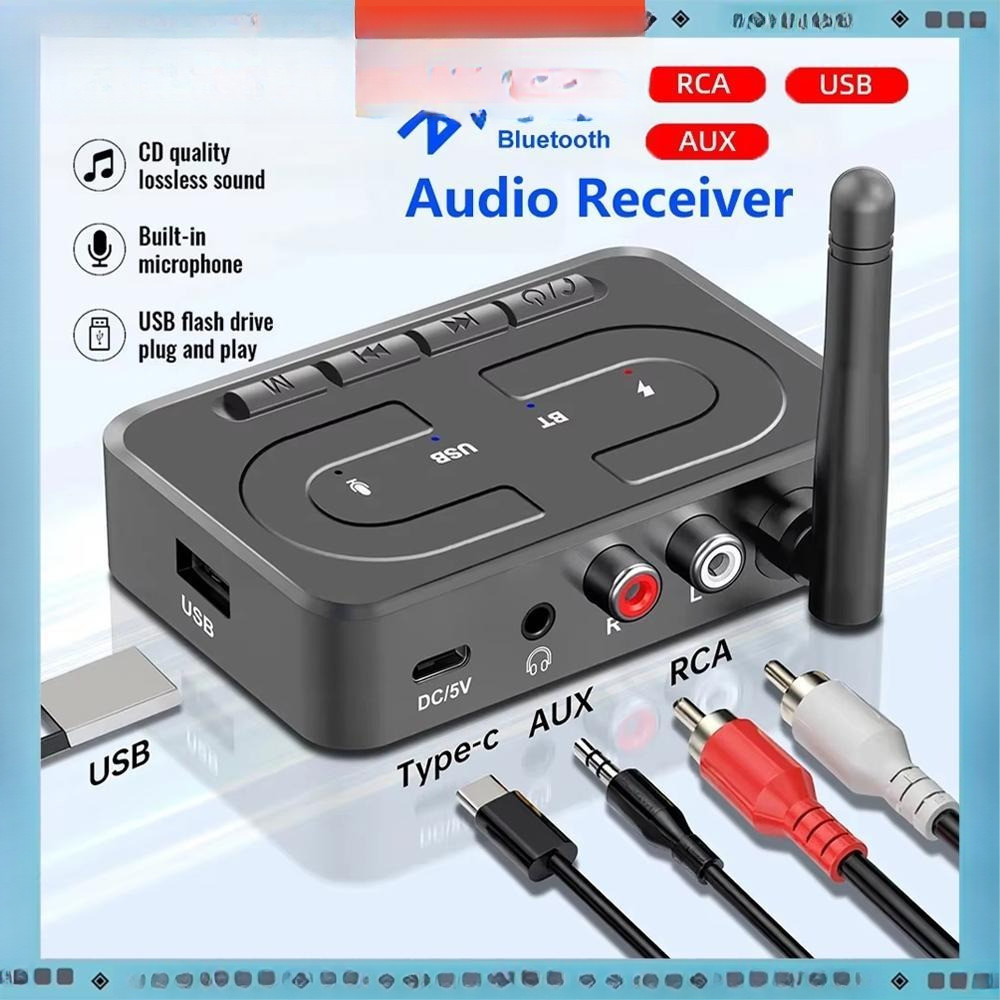 อะแดปเตอร์รับสัญญาณเสียงบลูทูธ 6.0 USB แบบไร้สายสเตอริโอ รองรับ 3.5 มม. AUX R/L RCA มีไมโครโฟน รองรับแฟลชไดรฟ์ U-Disk
