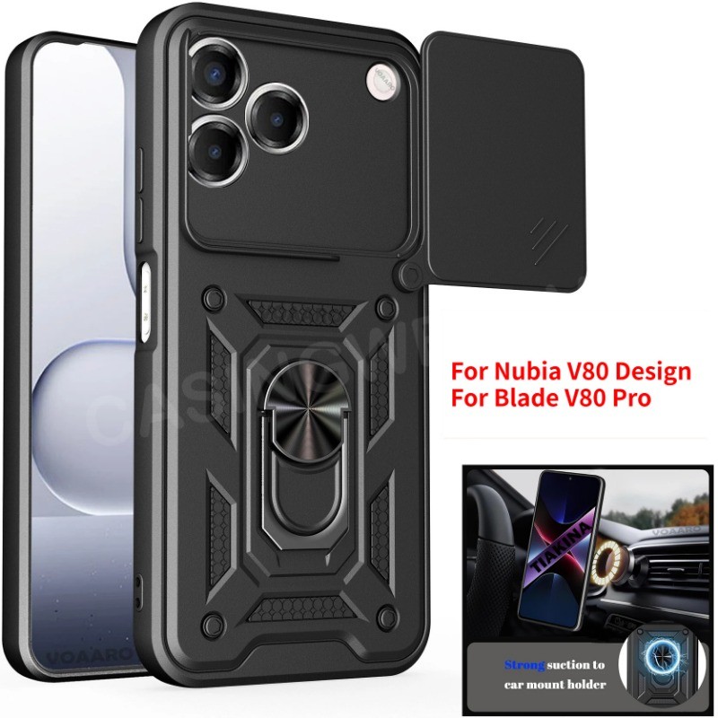 เคสโทรศัพท์สําหรับ ZTE Blade V80 Pro Nubia V80 ออกแบบ 4G 5G 2026 แฟชั่นเกราะโลหะแหวนวงเล็บ Push ดึงกล้องกันกระแทกป้องกันปลอกปกแข็ง