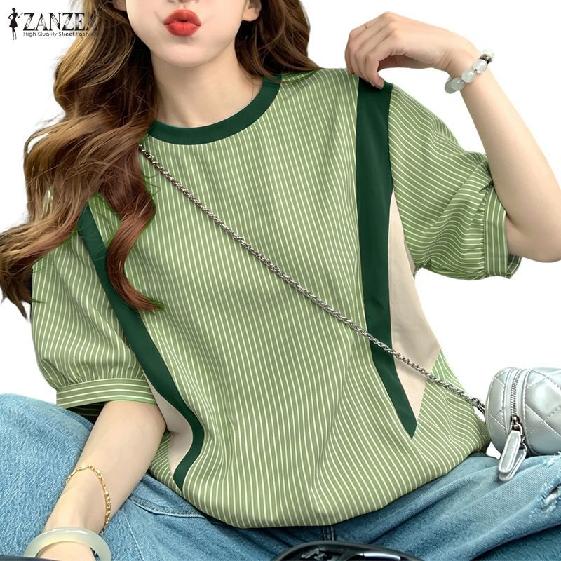 ZANZEA ซานเซีย ผู้หญิงเกาหลีลําลอง โอ คอแขนสั้นลายบล็อกสีเสื้อสวมหัวหลวม