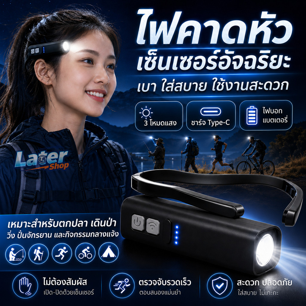 ไฟคาดหูบลูทูธเซ็นเซอร์อัจฉริยะ ไฟฉาย LED ชาร์จ Type-C ปรับแสงได้ 3 โหมด