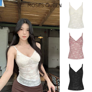 MOSESQUEEN เสื้อเสื้อเบลเซอร์สายเดี่ยวคอวีสายเดี่ยวลูกไม้โปร่งสไตล์ฝรั่งเศสย้อนยุคเย็บสองชั้น #63776