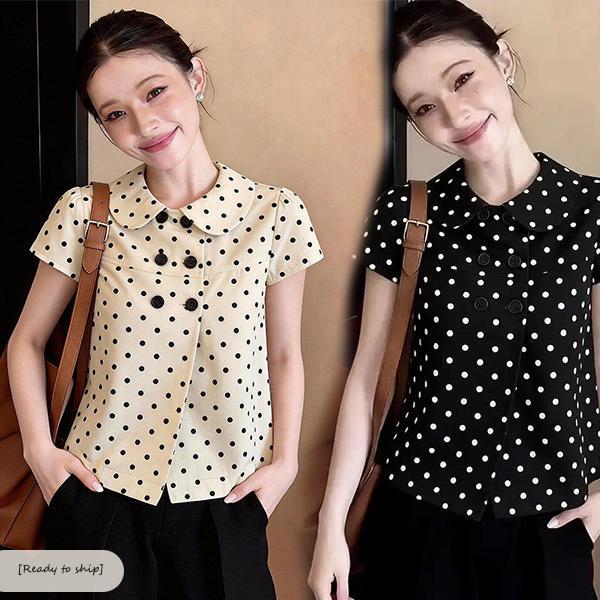 เสื้อเชิ้ตผู้หญิงแขนสั้นลายจุด คอปกตุ๊กตา กระดุมสองแถว เหมาะสำหรับฤดูใบไม้ผลิและฤดูร้อน สไตล์หวานลำลอง แมทช์ง่าย-99471
