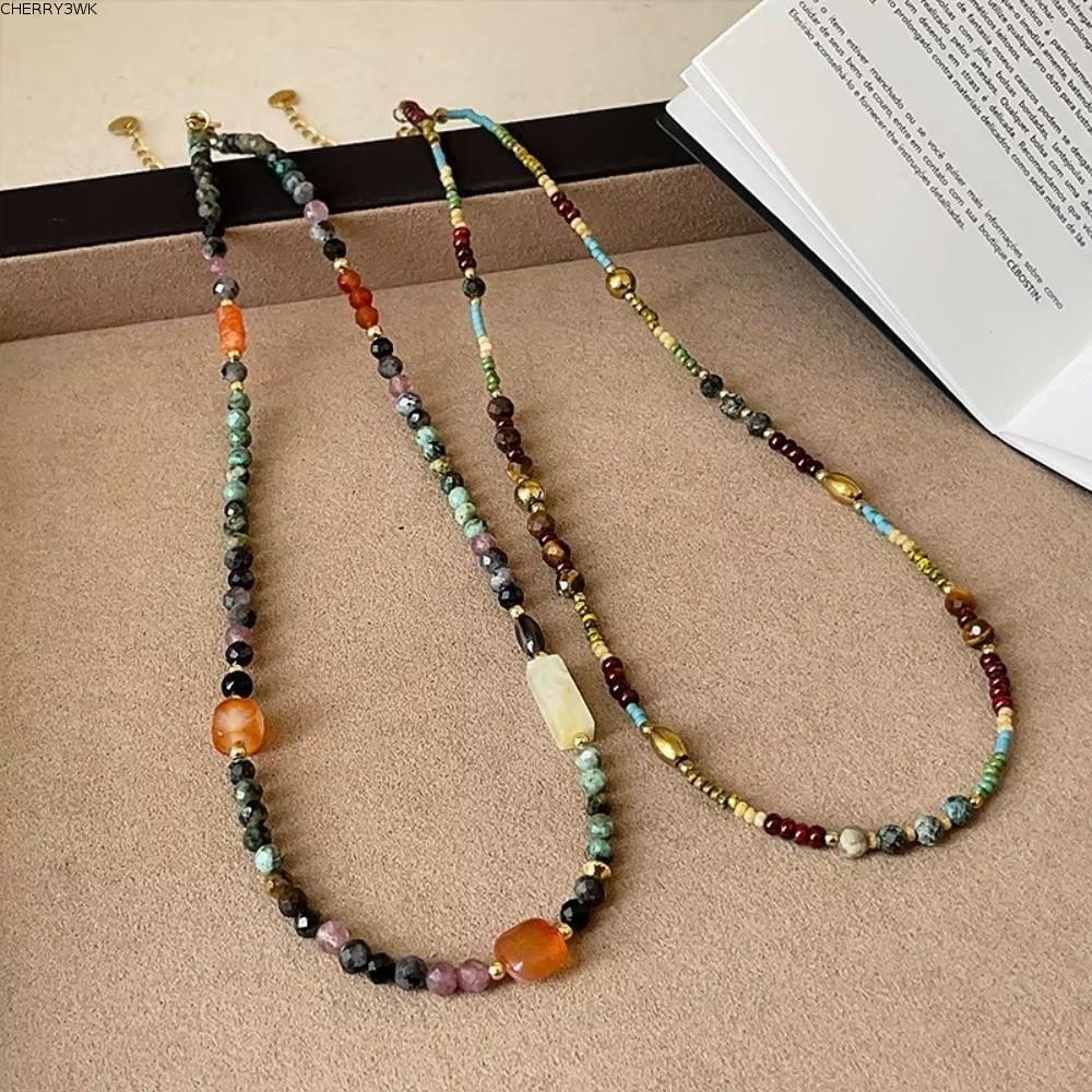 19VJKEPSHOP Strand สร้อยคอลูกปัด,ก้อนลูกปัดที่มีสีสันChokersสร้อยคอ,คริสตัลหรูหรา 14Kทองแดงชุบทองแท้