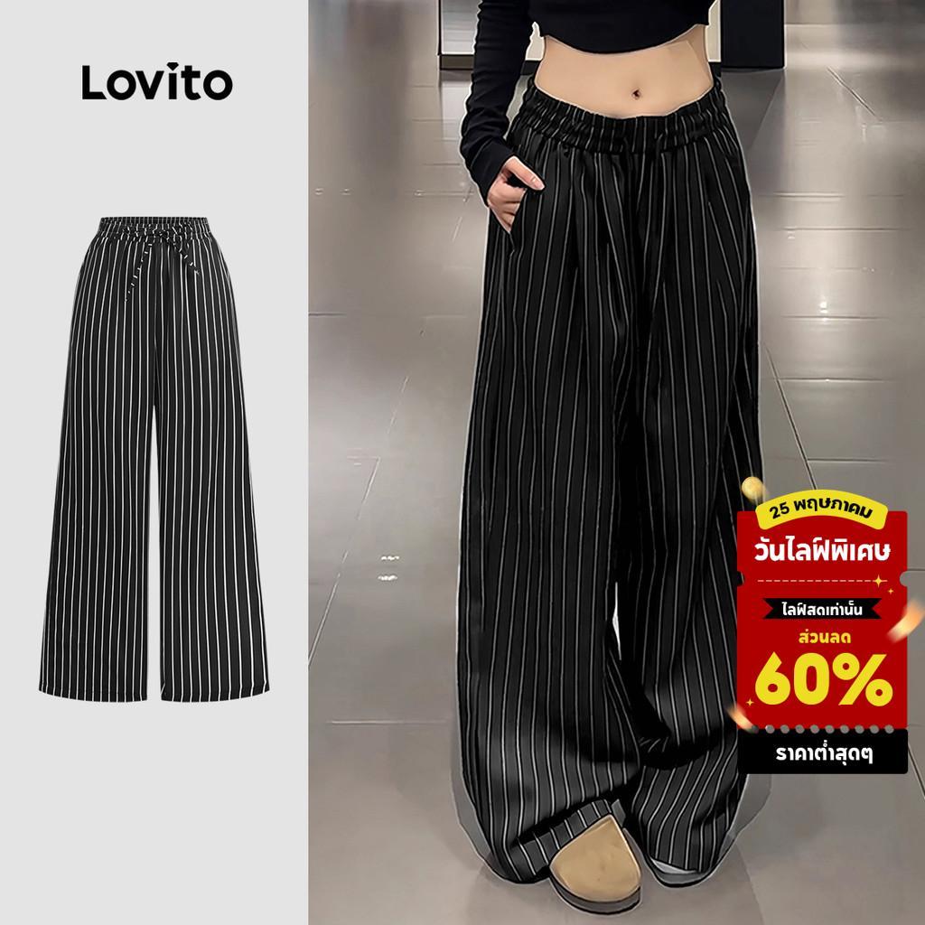 Lovito  กางเกงลําลองผู้หญิง สีดํา สไตล์เรียบง่าย สําหรับฤดูใบไม้ผลิ/ฤดูร้อน LK3AD099
