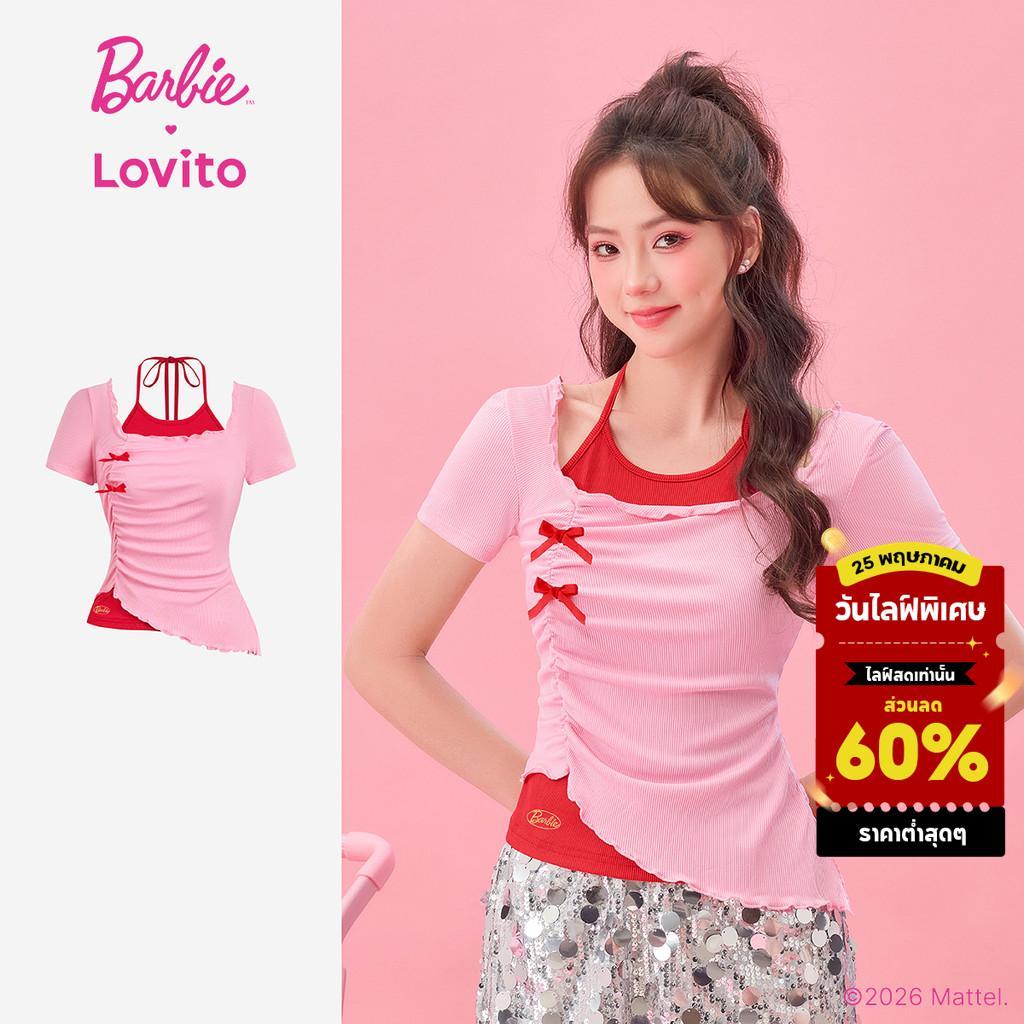 Barbie™ X Lovito เสื้อยืดลําลองลายปลอม 2-ใน-1 สีตัดกัน สําหรับฤดูใบไม้ผลิ/ฤดูร้อน สําหรับผู้หญิง TSBL2PAD020