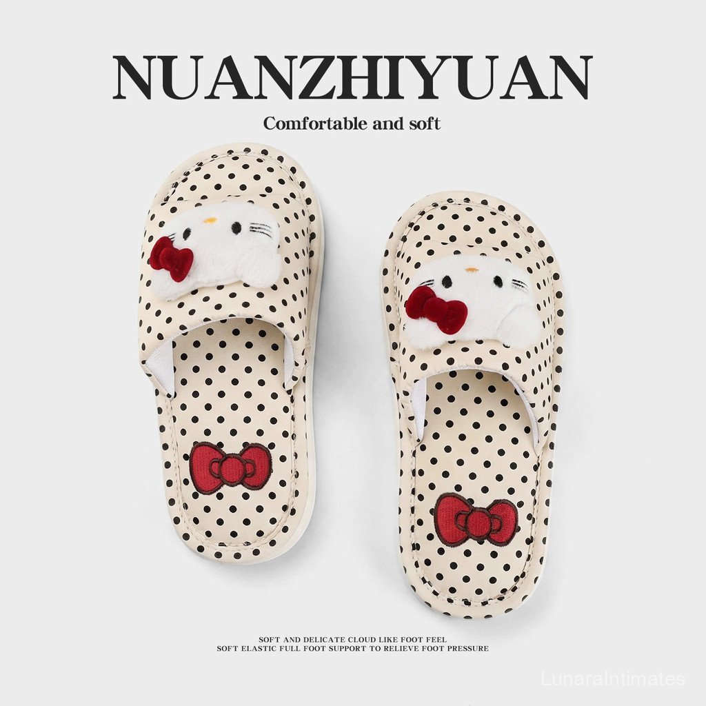 QGGL แฟชั่น HelloKitty Polka Dot ผ้าฝ้ายผ้าลินินรองเท้าแตะหญิงน่ารักการ์ตูน Anti-slip Baotou รองเท้าแตะ Four Seasons ผ้าลินินรองเท้าแตะ Casual Mute Slipp
