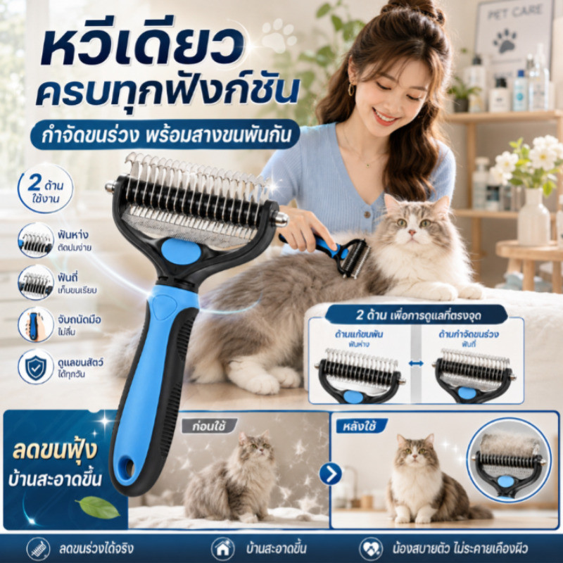 แปรงหวีหมา/แปรงหวีแมว/แปรงหวีขนสัตว์เลี้ยง บ้านใช้/เจ้าของสัตว์เลี้ยงทุกเพศทุกวัย/ขจัดขนหลุดร่วง/จัดแต่งขน/ดูแลขนประจำวัน