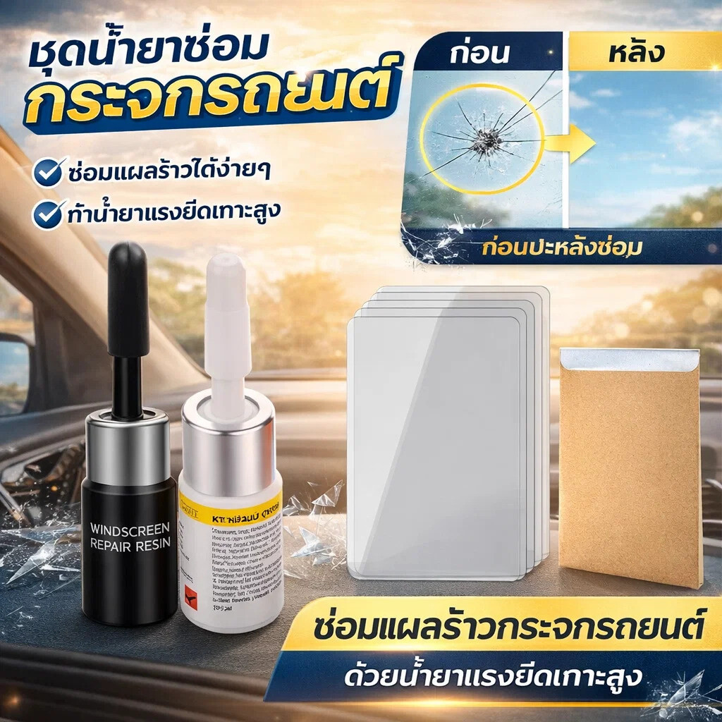 ✨มีผลทันที✨ชุดซ่อมกระจกรถยนต์ น้ำยาซ่อมกระจกหน้ารถ ป้องกันรอยขยาย ใช้งานง่าย ไม่ยุ่งยาก