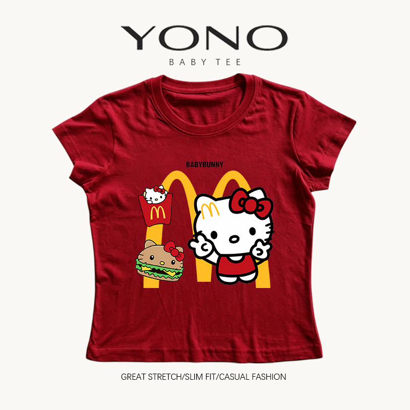 (พร้อมส่ง24ชม.) baby tee สีแดงลายการ์ตูนฟาสต์ฟู้ด สไตล์อเมริกันหวานเท่ ทรงเข้ารูป ใส่เด่นแมตช์ง่าย