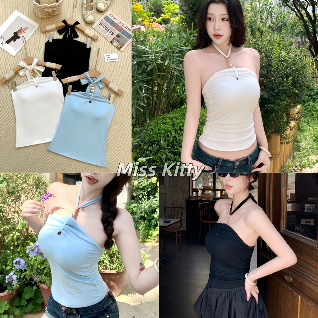 Miss Kitty เสื้อแขนกุดโชว์ไหล่แบบคล้องคอสำหรับผู้หญิง ดีไซน์ต่อด้วยโซ่โลหะ ให้สวมใส่เข้ารูปและดูผอม-FY143