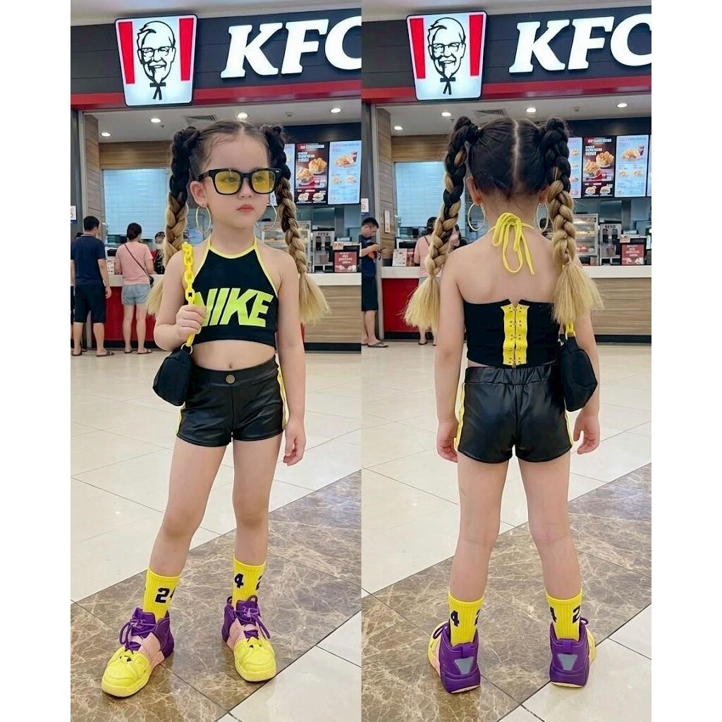 KS04/💜พร้อมส่ง💜ชุดเด็กผู้หญิงเซท N k e แซ่บเสื้อ+กางเกงหนัง
