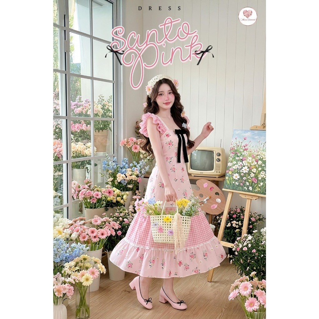 (มี3XL) สีชมพู Santo Pink Dress เดรสยาวผ้าเปเป้พิมพ์ลายลุคซัมเมอร์แต่งโบว์ดำ แขนระบาย ปลายกระโปรงตัดต่อ ซิปหลัง