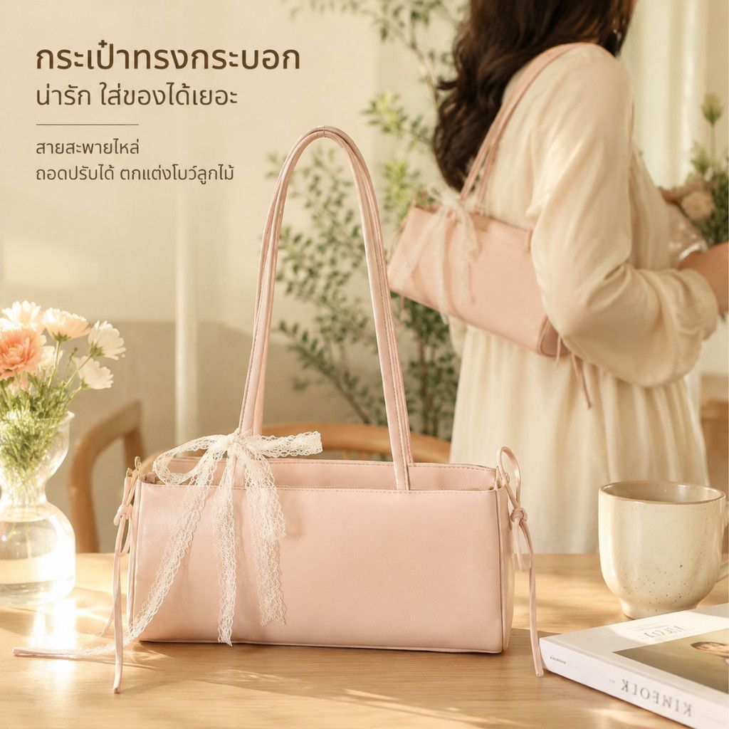 กระเป๋าสะพายไหล่ผู้หญิงสีพื้น โบว์สวย สายกว้าง หนังPU นุ่ม คล้องแขน ช้อปปิ้ง 【LuckServeX】