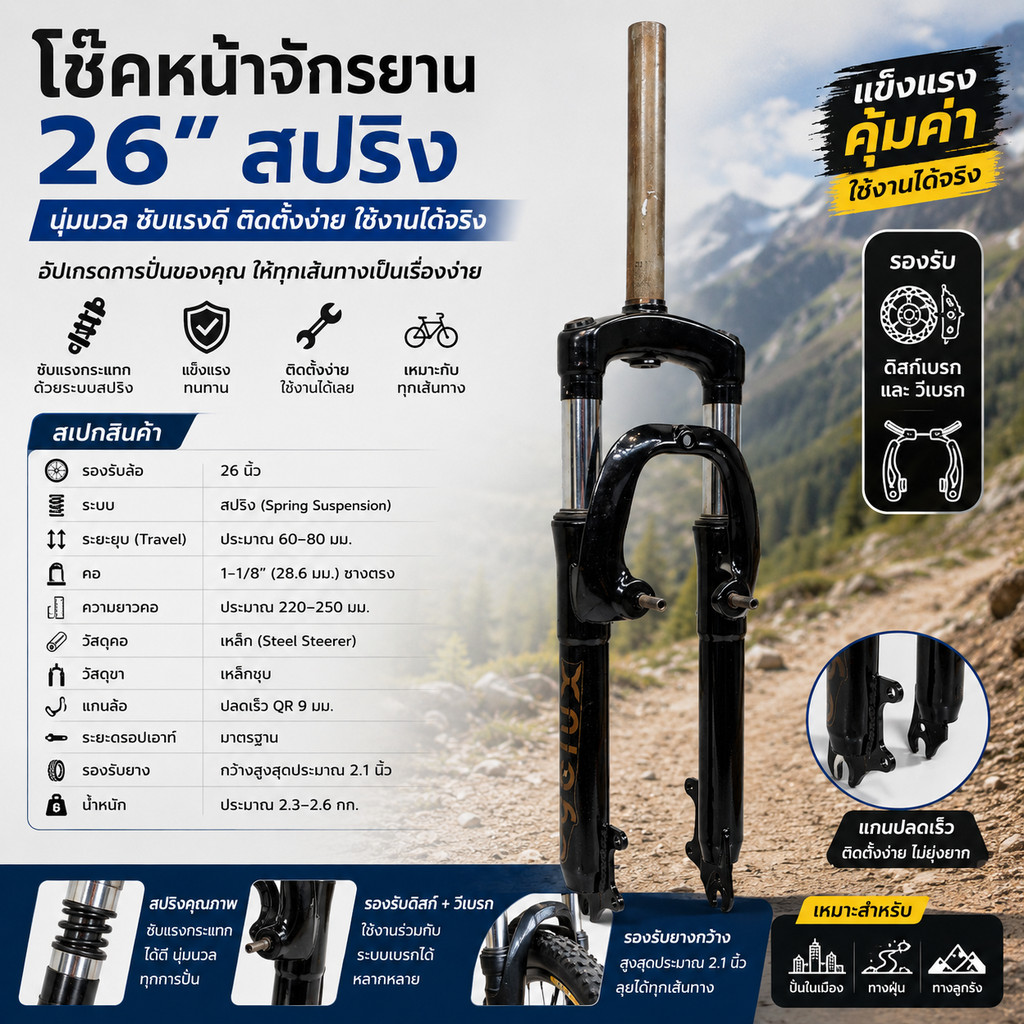 โช๊คหน้าจักรยาน 26 นิ้วแบบสปริง Mechanical Travel สำหรับจักรยาน