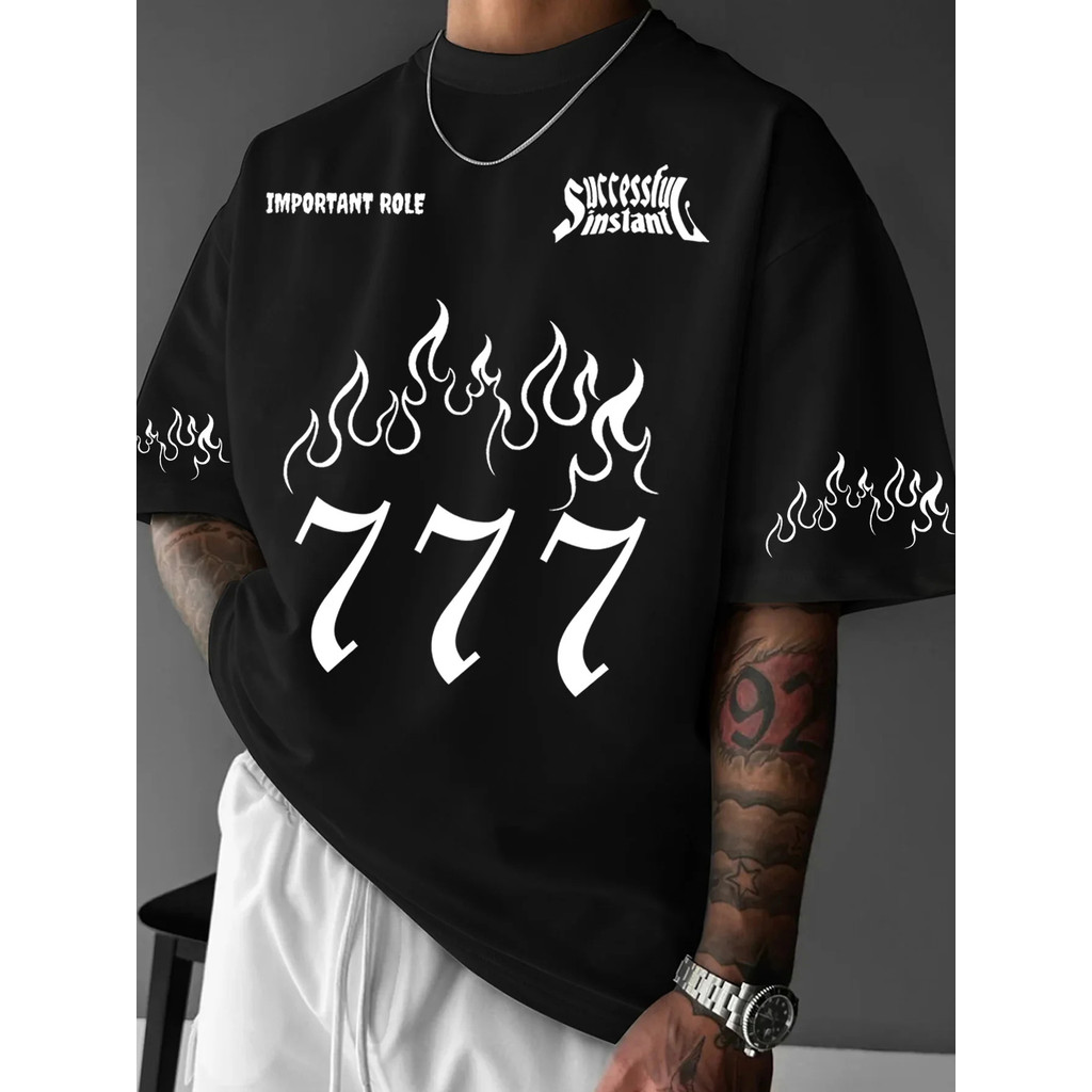 เสื้อยืดลายเปลวไฟ 777 ผ้าฝ้าย 100%, คอกลม, แขนสั้น ใส่ได้ทั้งชายและหญิง (S–5XL)