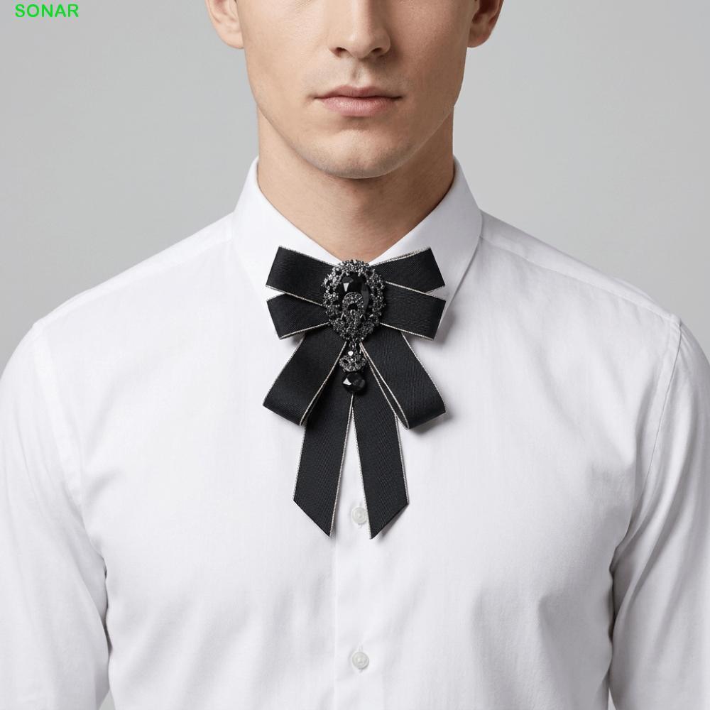 SONAR หูกระต่ายสุภาพบุรุษ, Bowtie ปรับ Rhinestone คอดอกไม้, สีทึบหรูหราสไตล์อังกฤษ Collar Cravat ชุดสูทผู้ชายอุปกรณ์เสริม Bridegroom