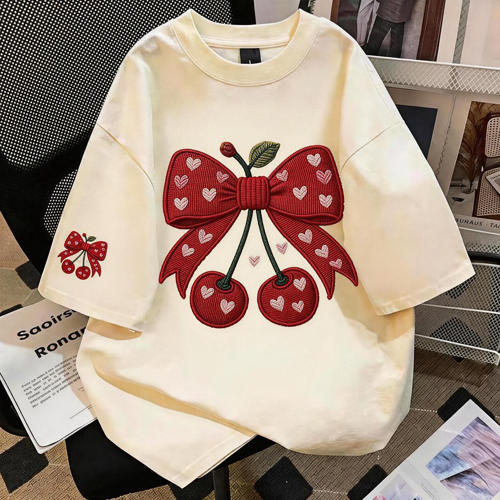 DailyTee เสื้อยืด oversize เสื้อเท่ๆ เกาหลี "Cherry Bow" เสื้อแฟชั่นใ เกาหลีสไตล์ พิมพ์ลาย ผ้านิ่มใส่สบาย COD