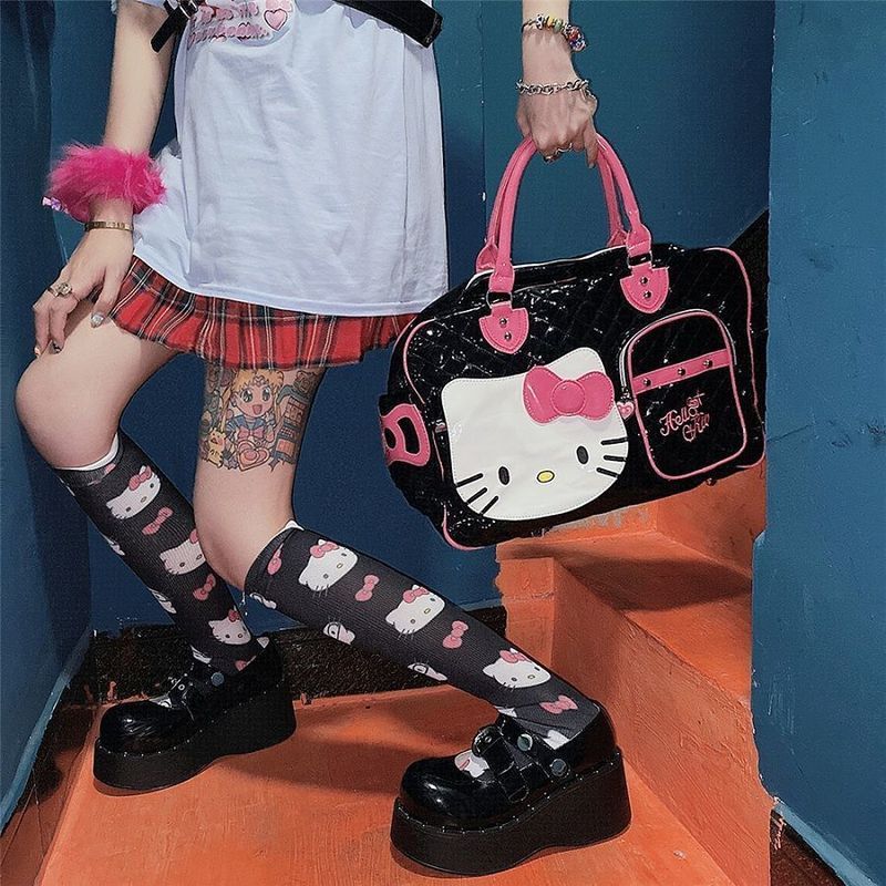 Helllokitty Japanese Sweetheart Hot Girl pu Capacity Travel Shoulder Bag Loli Soft Girl School Bag