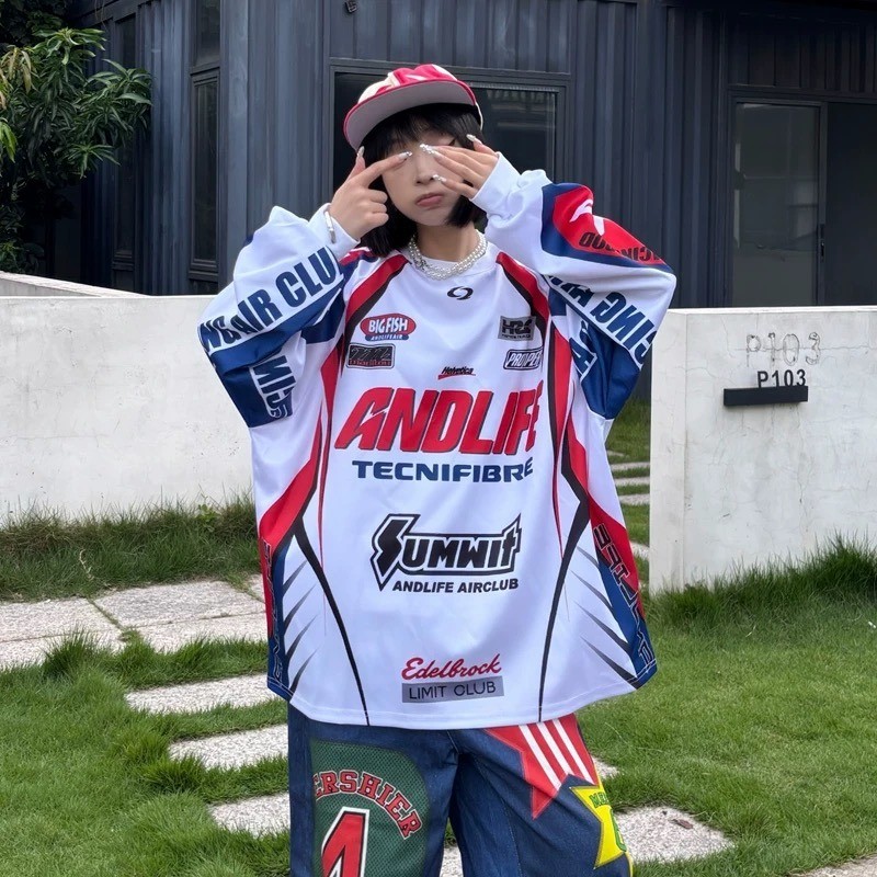 SUIKONE ซุยโคเนะ เสื้อยืดแขนยาวชุดแข่งอเมริกันแบรนด์อินเทรนด์คู่สไตล์เป็นกลาง — صورة 2