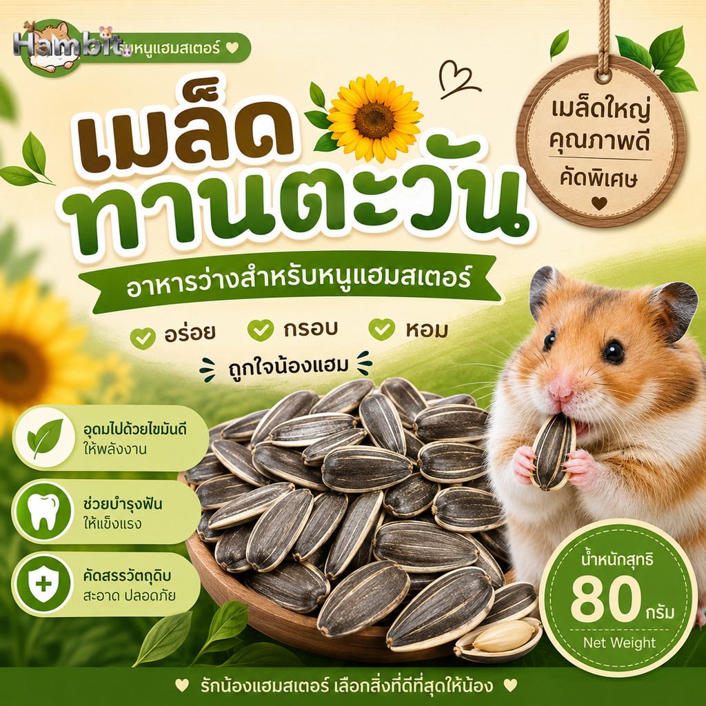 Hambit. เมล็ดทานตะวันพรีเมียม 80g [ซีลสูญญากาศ] สำหรับหนูแฮมสเตอร์และนกแก้ว เมล็ดใหญ่ คัดพิเศษ