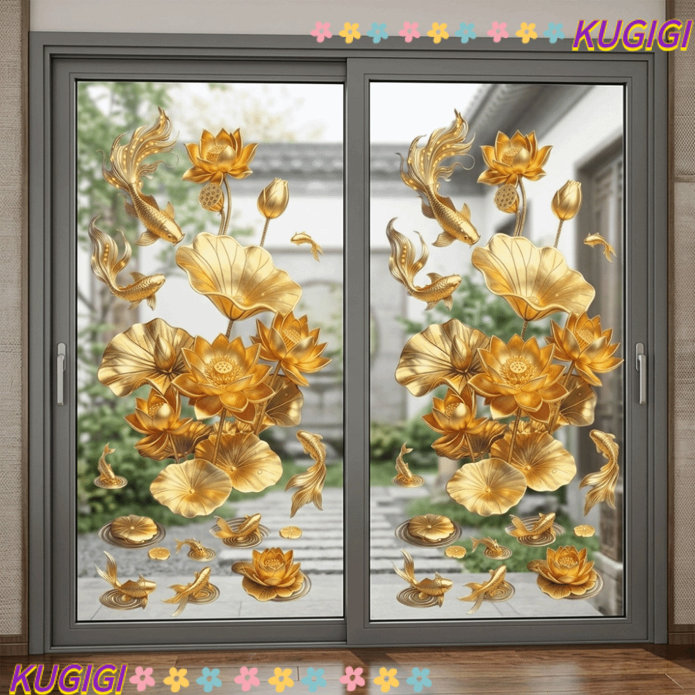 KUGIGI 2 ชิ้นดอกไม้ Koi สติกเกอร์,กันน้ํา Anti Static Golden Lotus สติ๊กเกอร์ติดผนัง, PVC สไตล์จีนกระจกหน้าต่างรูปลอกห้องน้ําห้องครัวและห้องนั่งเล่นตกแต่ง