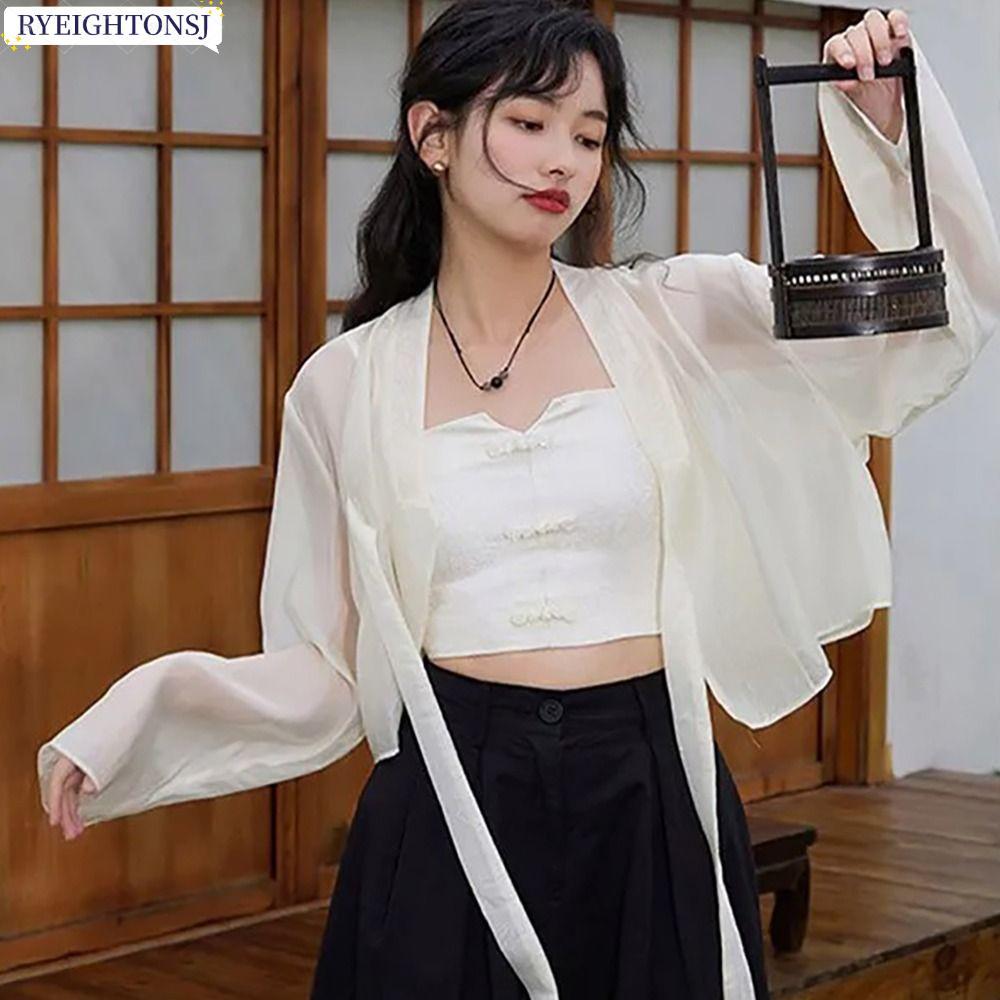 ขวา ผ้าคลุมไหล่ผ้าไหมน้ําแข็ง, เสื้อคาร์ดิแกนกันแดดแบบเชียร์กิริยา, สไตล์ฮั่นฝูเปิดด้านหน้าโปร่งแสงคอวีแจ๊กเก็ตฤดูฤดูร้อน
