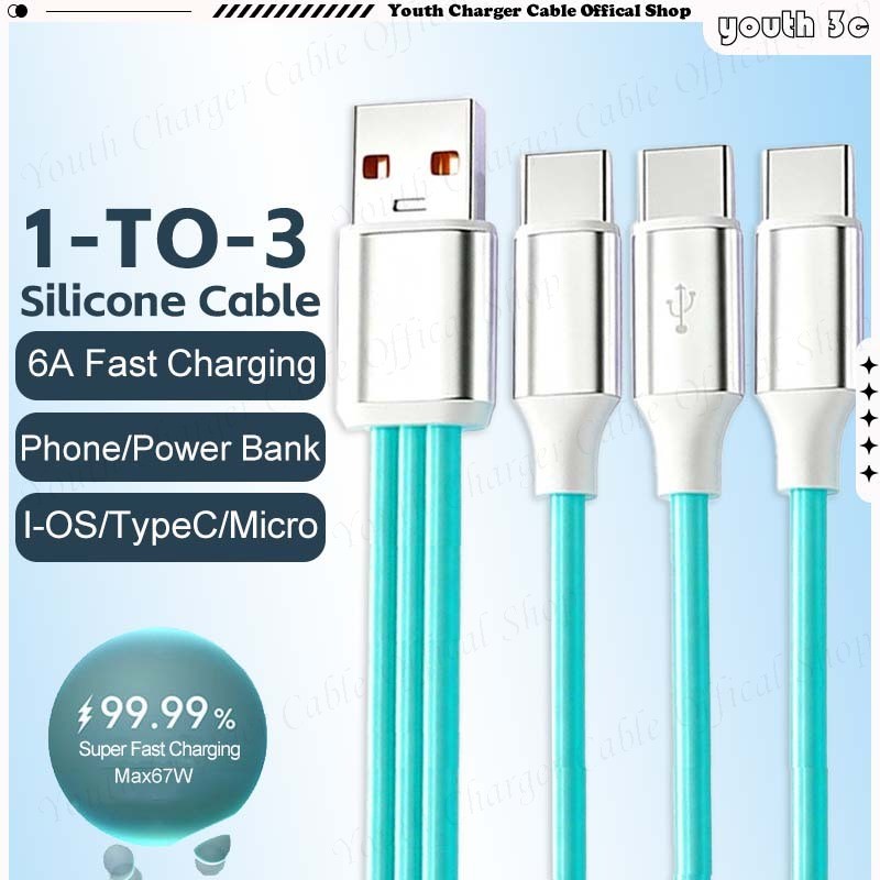 67W 6A Super Fast สายชาร์จข้อมูล 3-IN-1 USB สายชาร์จโทรศัพท์ซิลิโคนนุ่ม Multi-function Power Bank สา